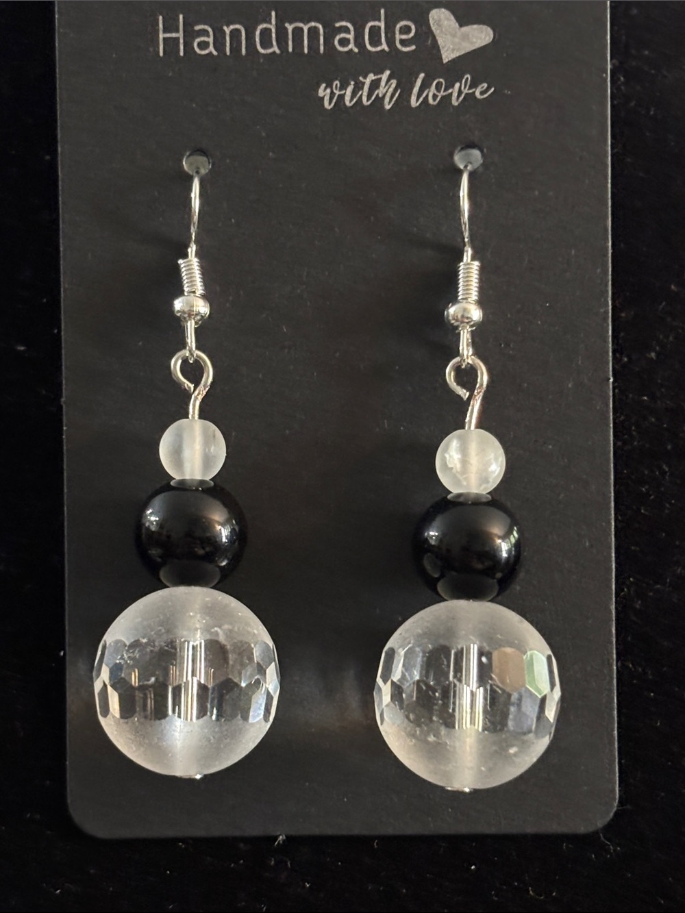 Handmade Black and Clear  Glass Bead Drop Earrings